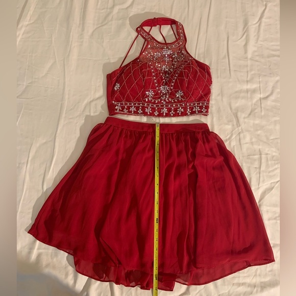 Two-piece red dress - bedazzled, halter, flowy bottom - Picture 6 of 11